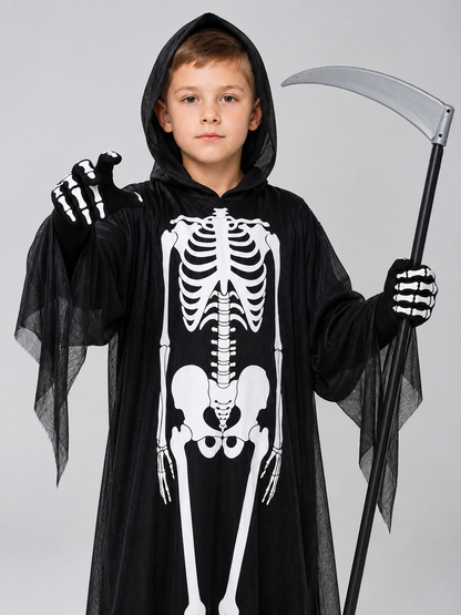 Skeleton costume with robe, mask, and gloves