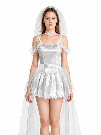 Retro-Style Dress with Cape and Train, White Costume Dresses detail 3