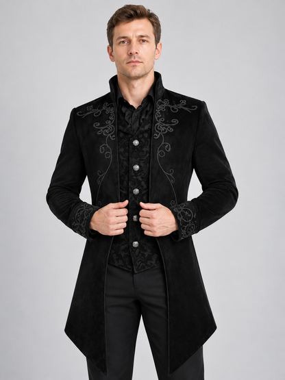 Black Tailcoat with Embroidery and Stand Collar
