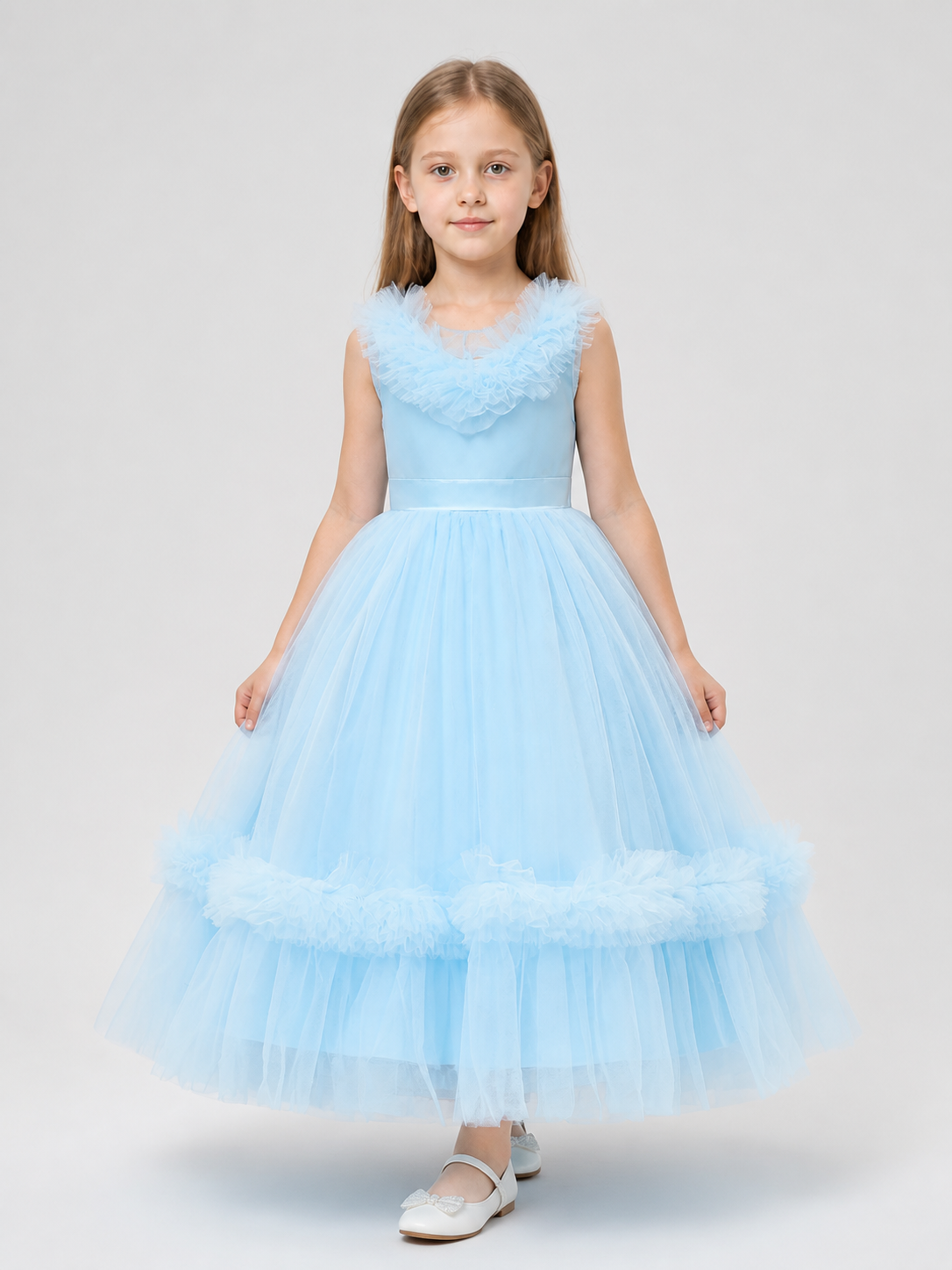 Girls' Light Blue Princess Dress with Full Skirt and Bow Costume Dresses detail 3