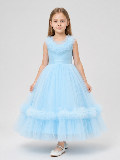 Girls' Light Blue Princess Dress with Full Skirt and Bow Costume Dresses detail 3