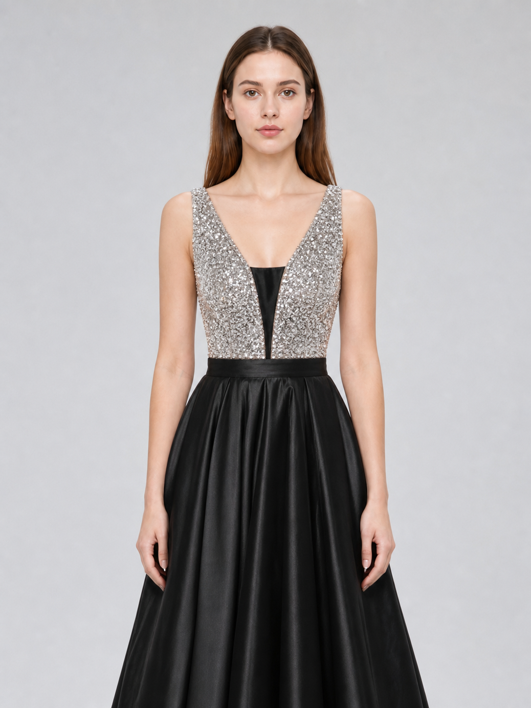 Long Evening Dress with a Deep V-Neckline