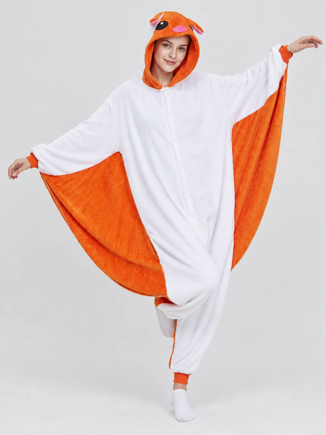 Hooded Pajama Jumpsuit with Animal Face, White and Orange