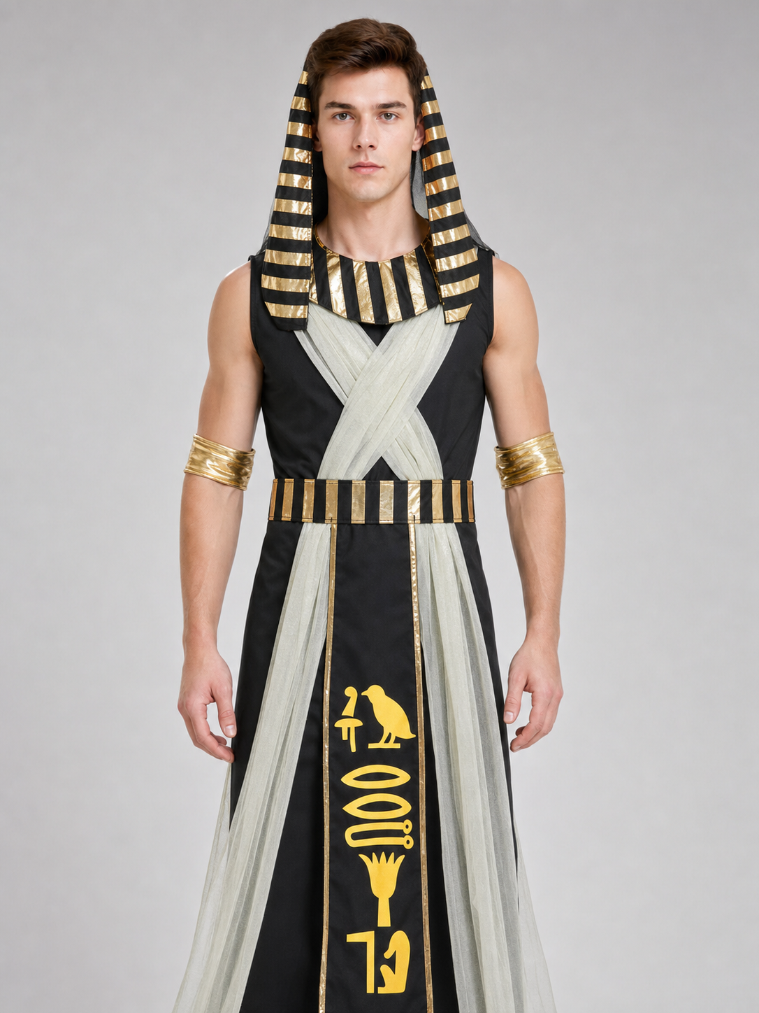 Men’s Egyptian Pharaoh Halloween Costume Set, 4-Piece Role Play Outfit with Headpiece, Neck Ornament and Belt for Cosplay Stage Performance