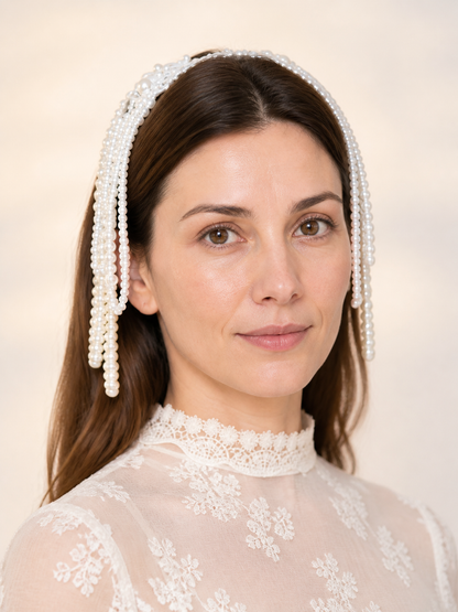 Carnival Headpiece with White Pearl Chains Costume Headwear detail 2