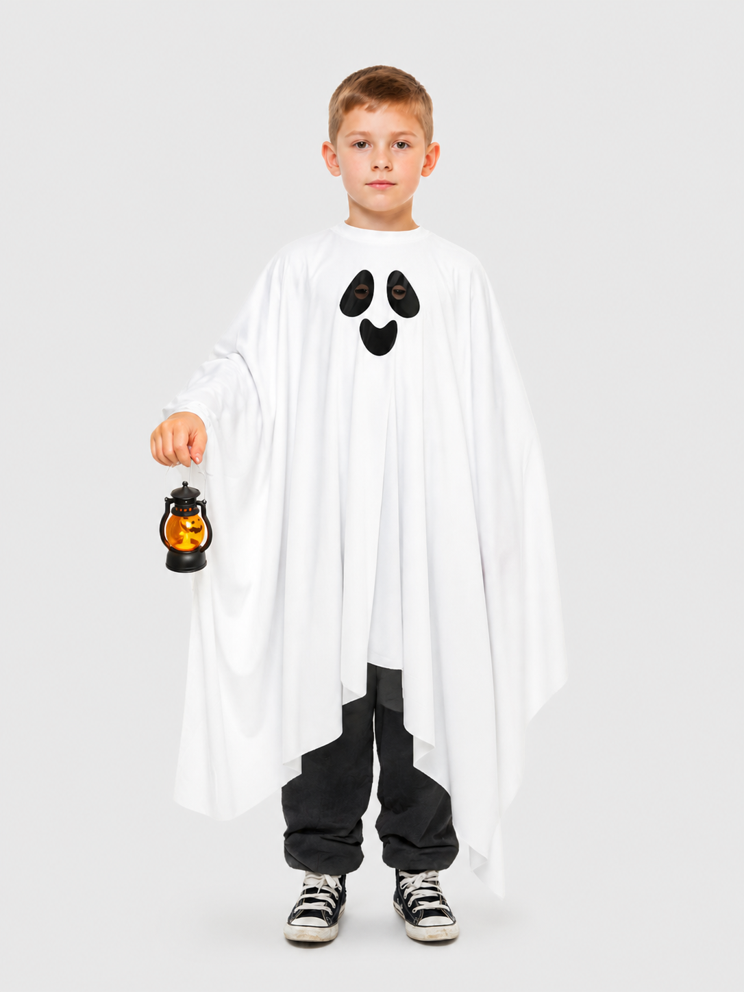 White Ghost Costume with Black Face and Jagged Hem