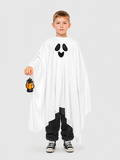 White Ghost Costume with Black Face and Jagged Hem