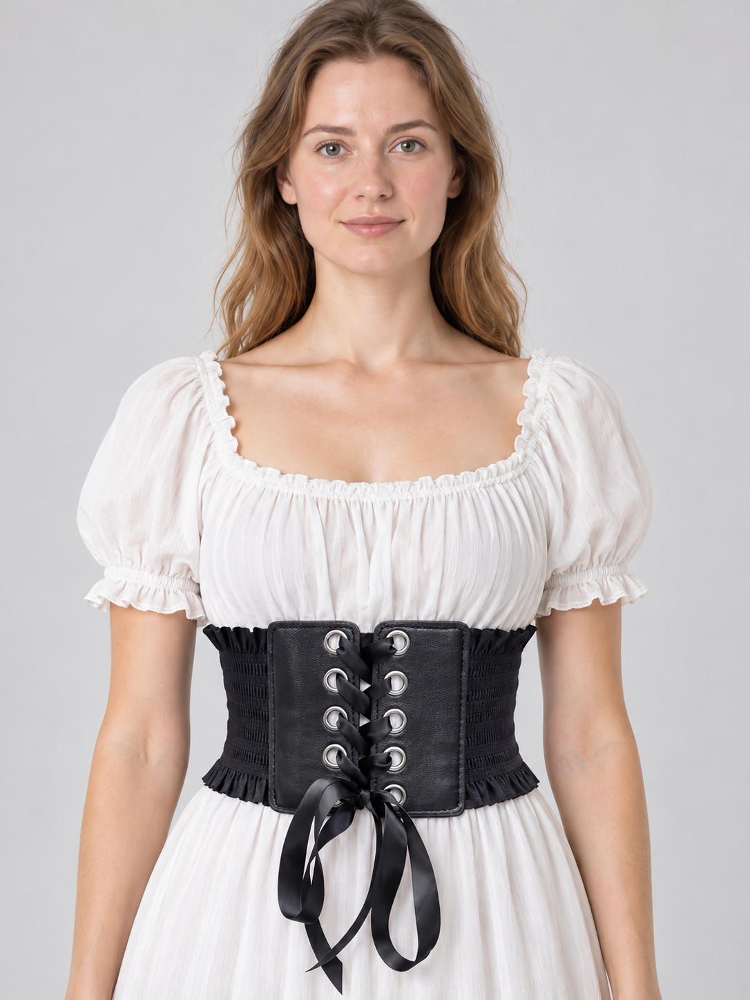 Wide Black Corset Belt with Lacing and Ruffles