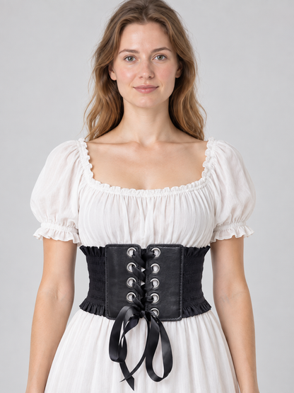 Wide Black Corset Belt with Lacing and Ruffles