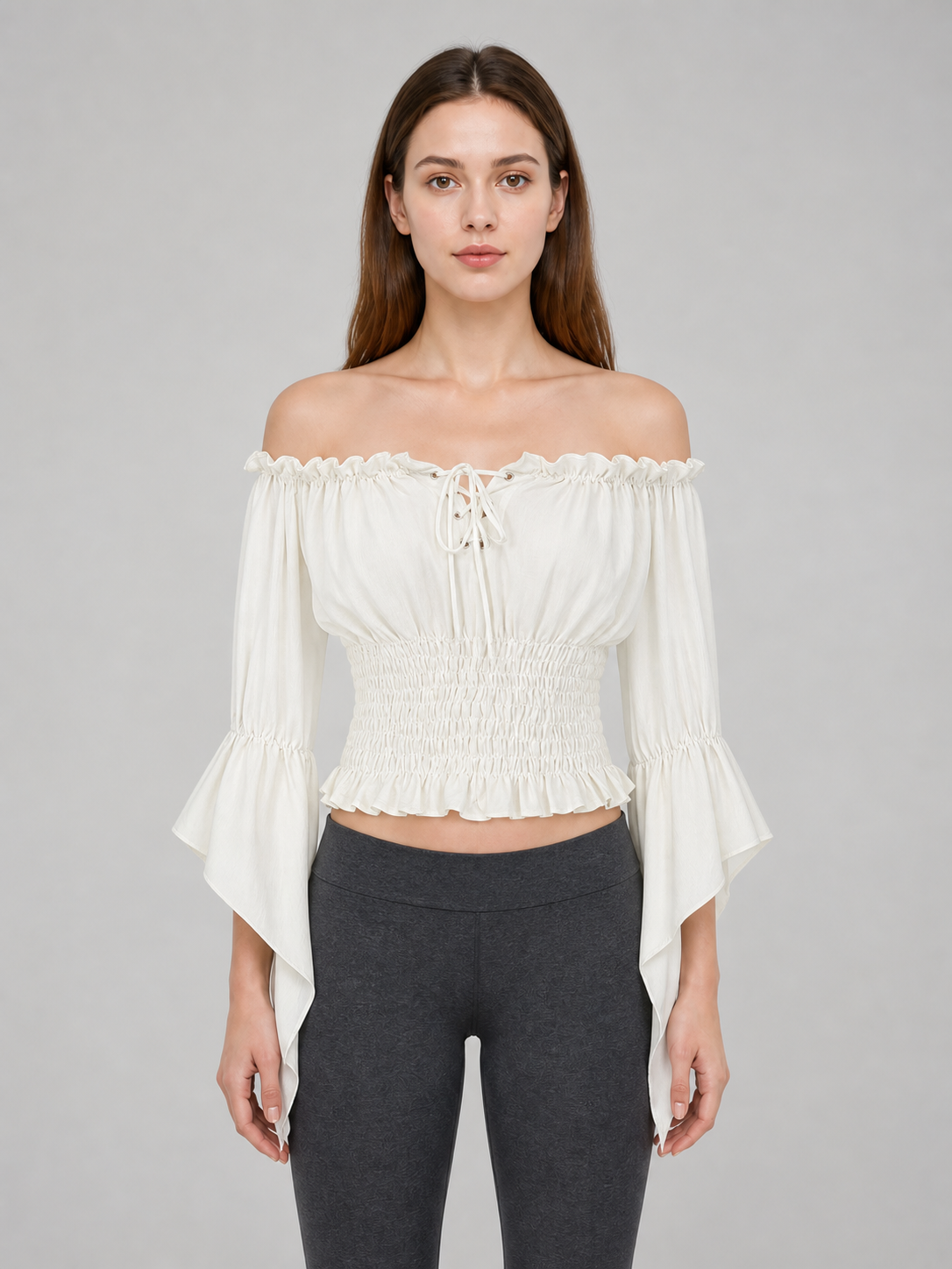 Off-the-Shoulder Lace-Up Crop Blouse