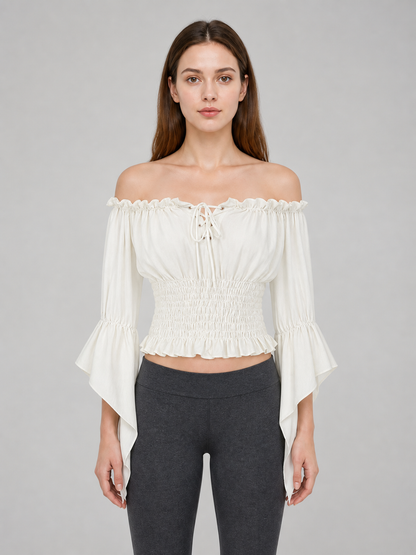 Off-the-Shoulder Lace-Up Crop Blouse