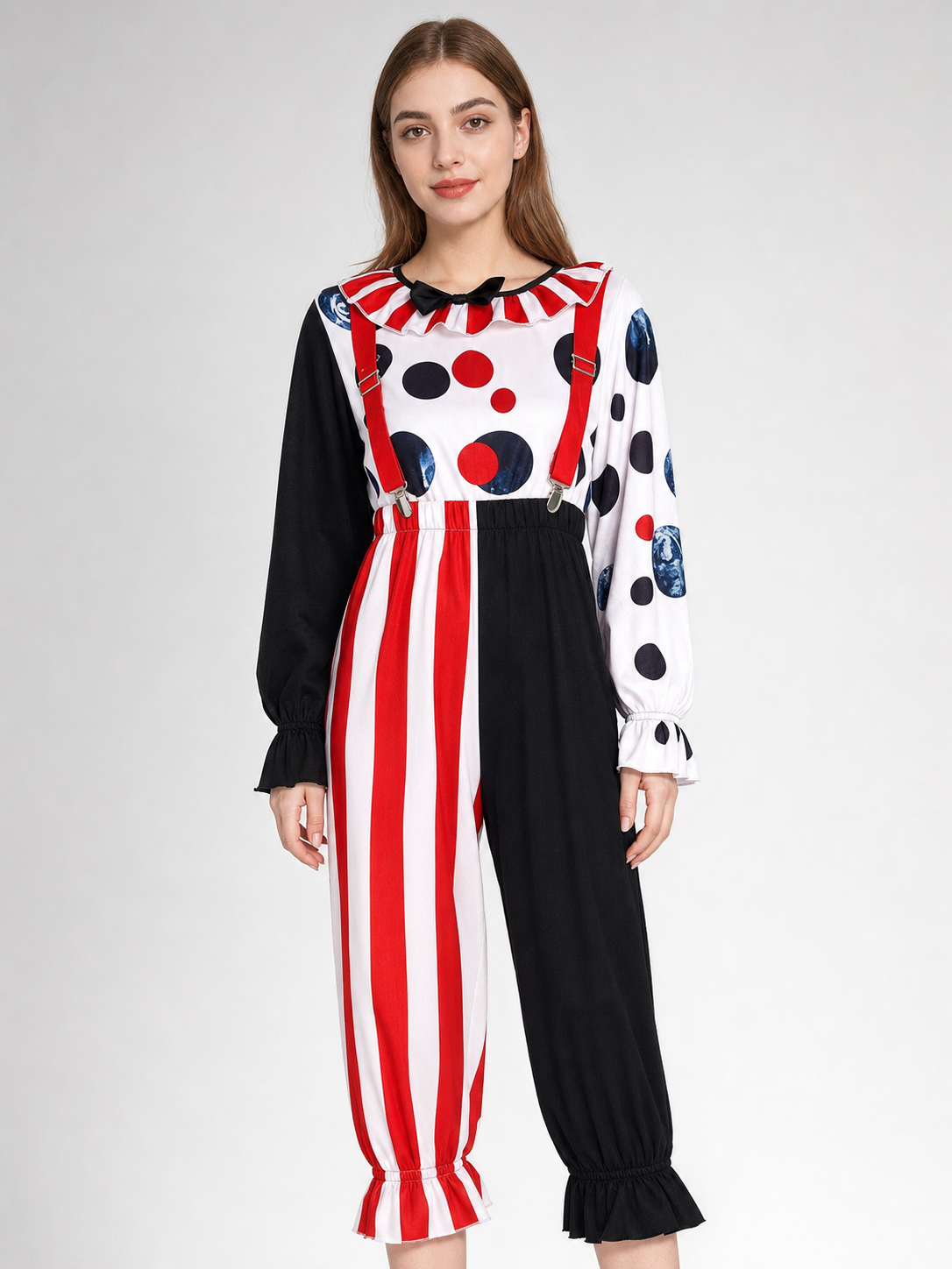 This colorful clown costume is designed for themed looks, cosplay, Halloween, costume parties, and stage performances. The set features an expressive theatrical style with a contrasting combination of white, black, and red, dark blue accent