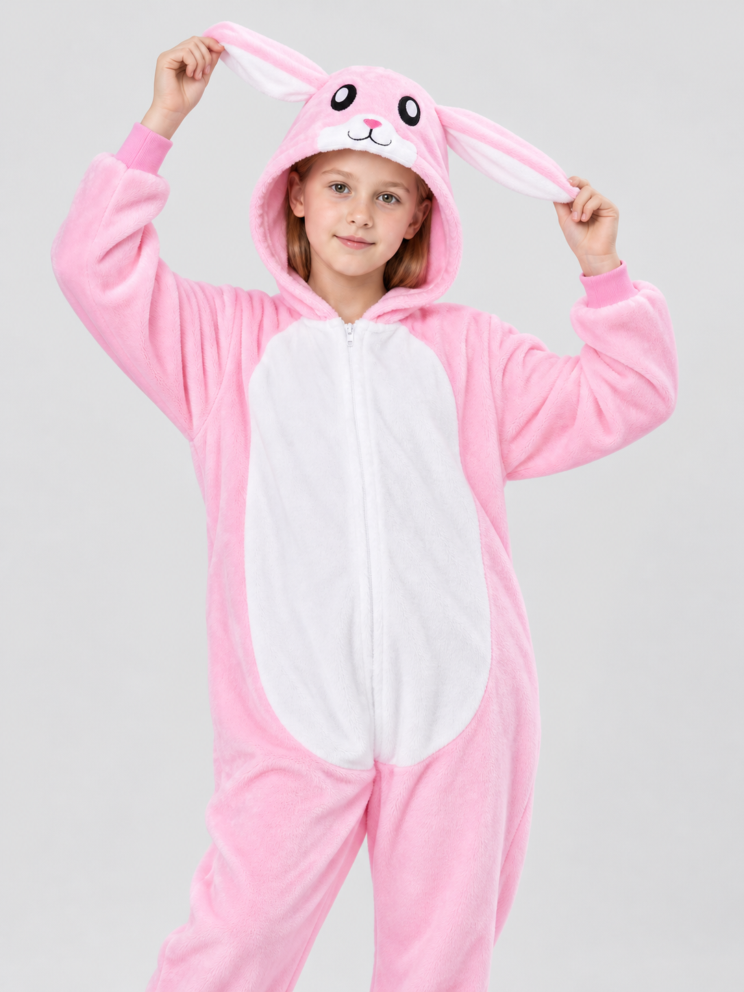 Pajama Jumpsuit with Hood and Bunny Ears, Pink