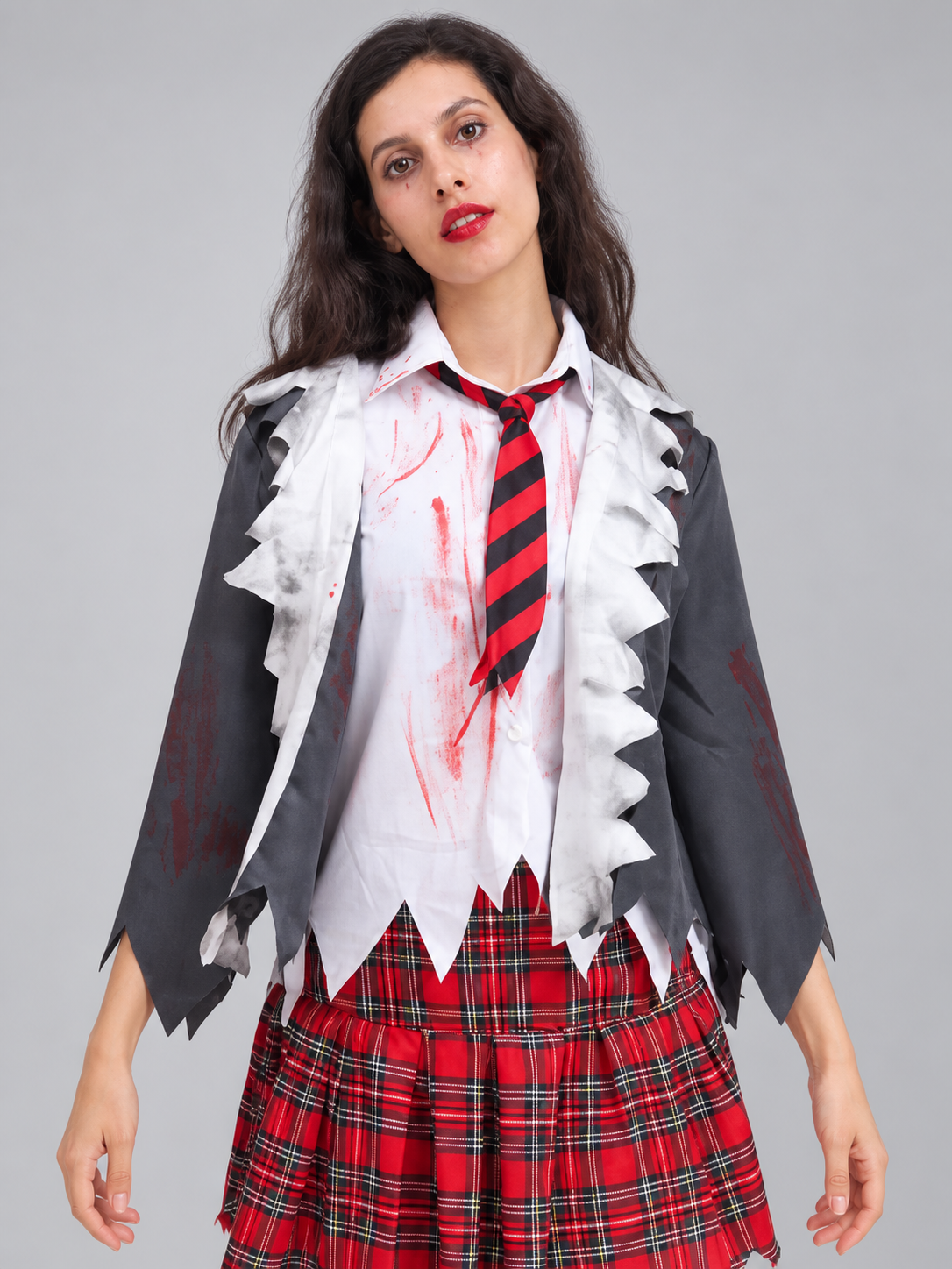 Zombie costume with cape and plaid skirt