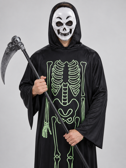 Black Skeleton Costume with Hood, Mask, and Scythe