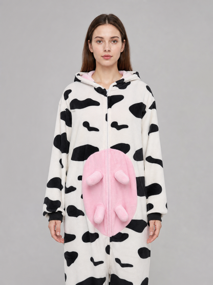 Cow-Print Hooded Kigurumi Jumpsuit