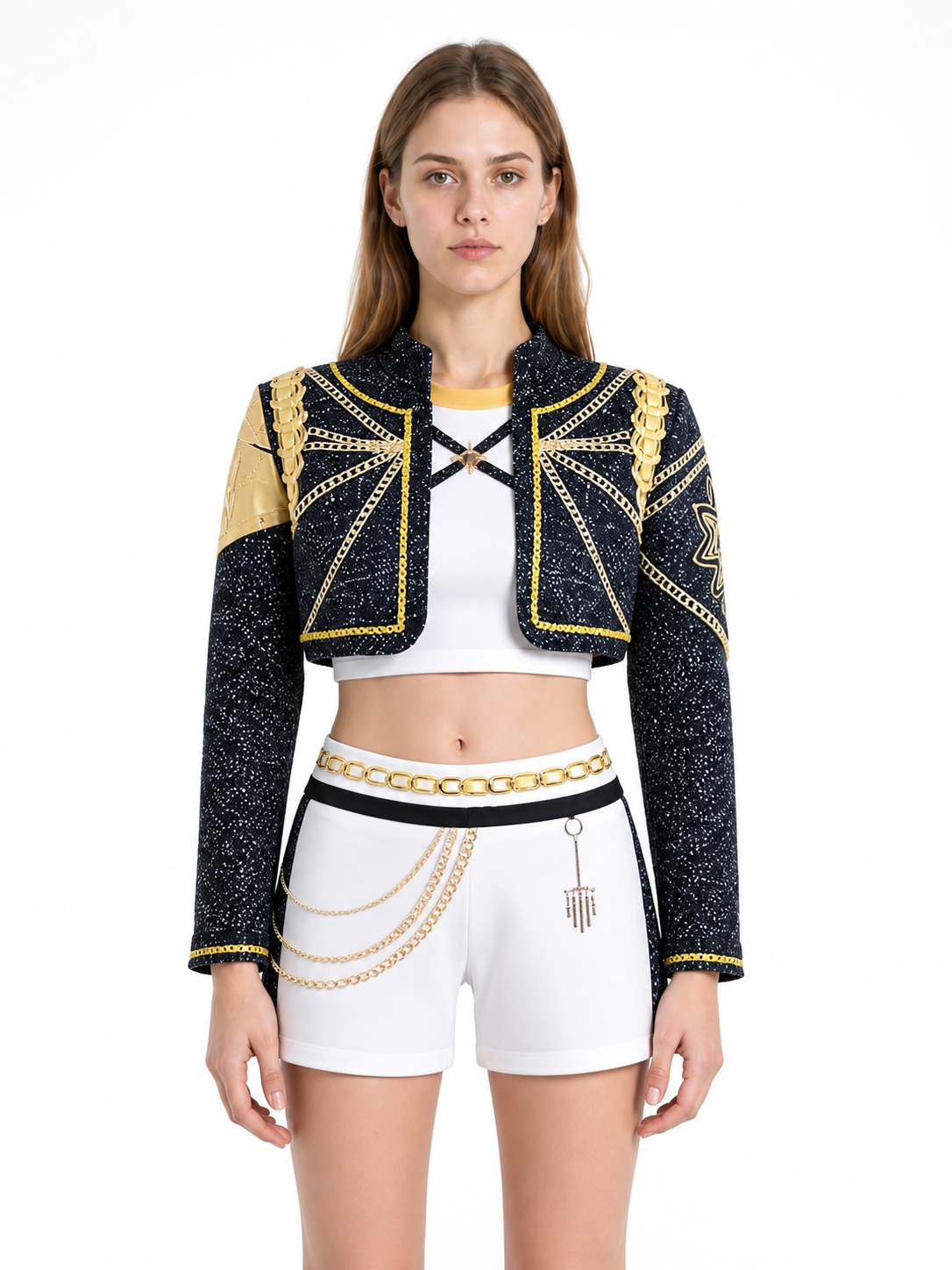 Black, White, and Gold Cosplay Costume: Jacket, Top, and Shorts Costumes detail 3