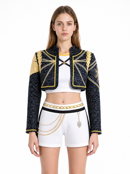 Black, White, and Gold Cosplay Costume: Jacket, Top, and Shorts Costumes detail 3