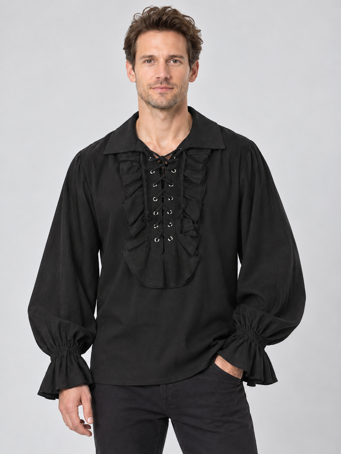 Black Gothic Medieval Shirt with Lacing and Ruffles