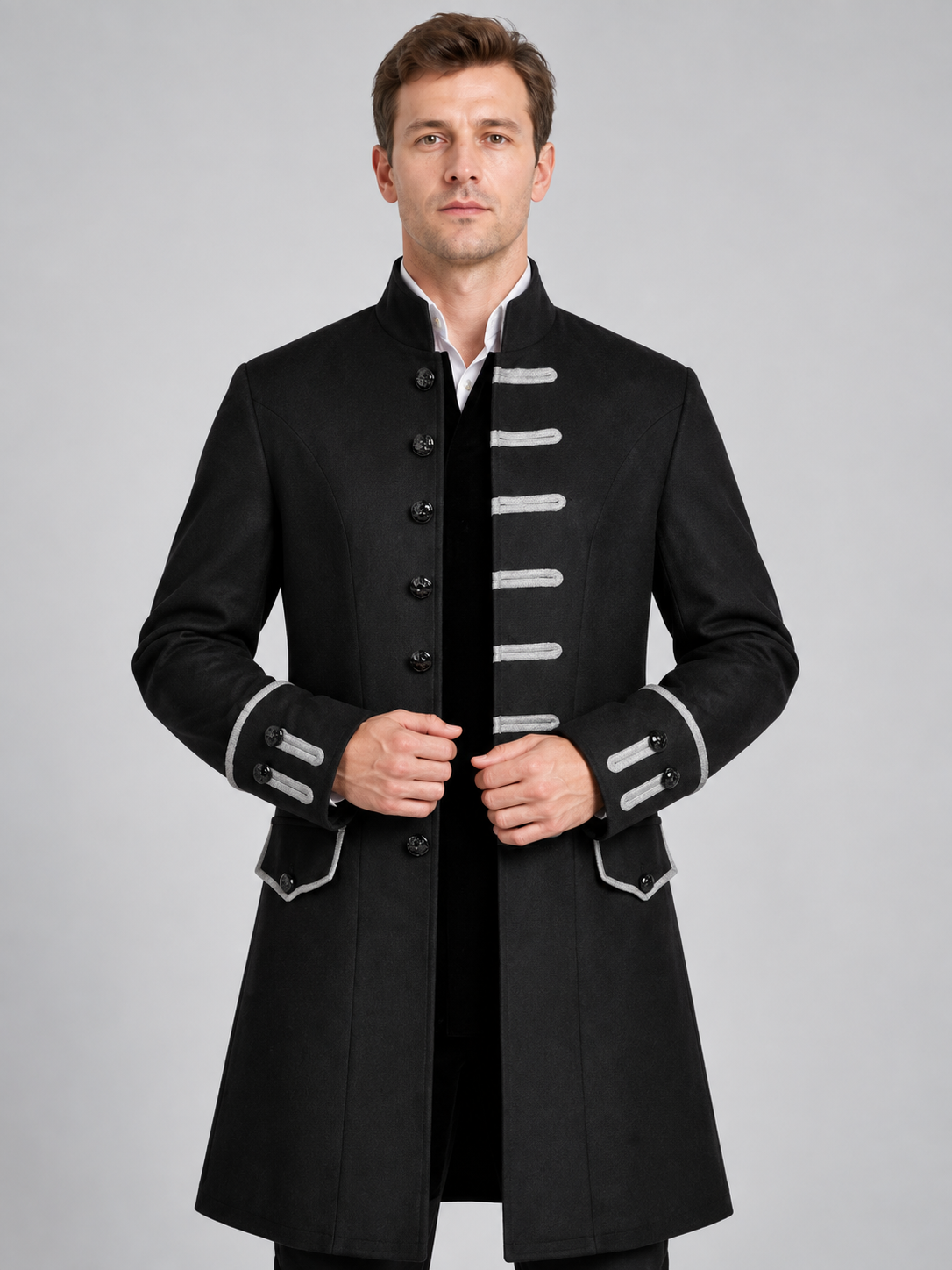 Gothic Black Long Frock Coat with Stand Collar