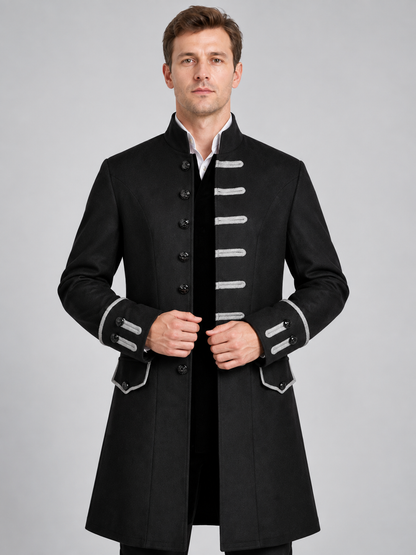 Gothic Black Long Frock Coat with Stand Collar