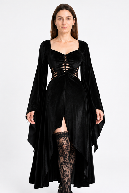 Black Long Gothic Dress with Cross-Lacing Costume Dresses detail 3