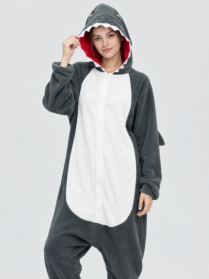 Gray and White Shark Hooded Kigurumi Jumpsuit