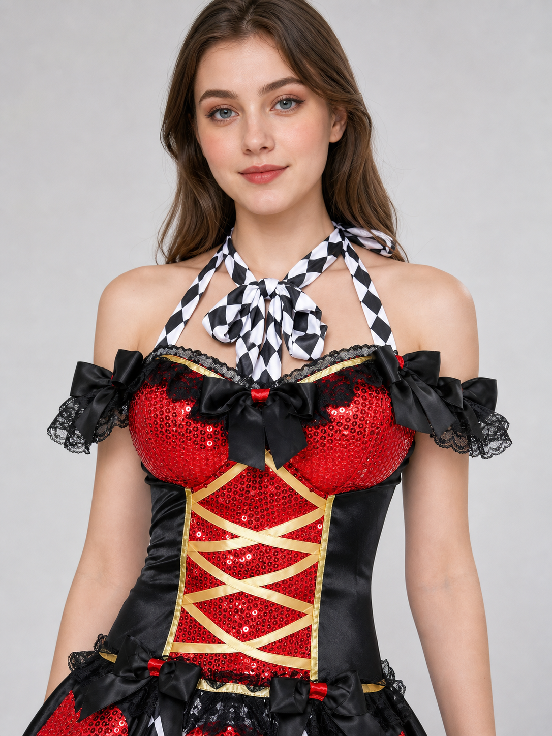 Stage costume with corset, bow, and skirt