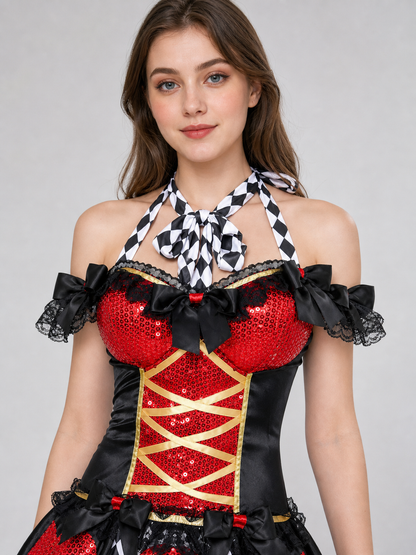 Stage costume with corset, bow, and skirt