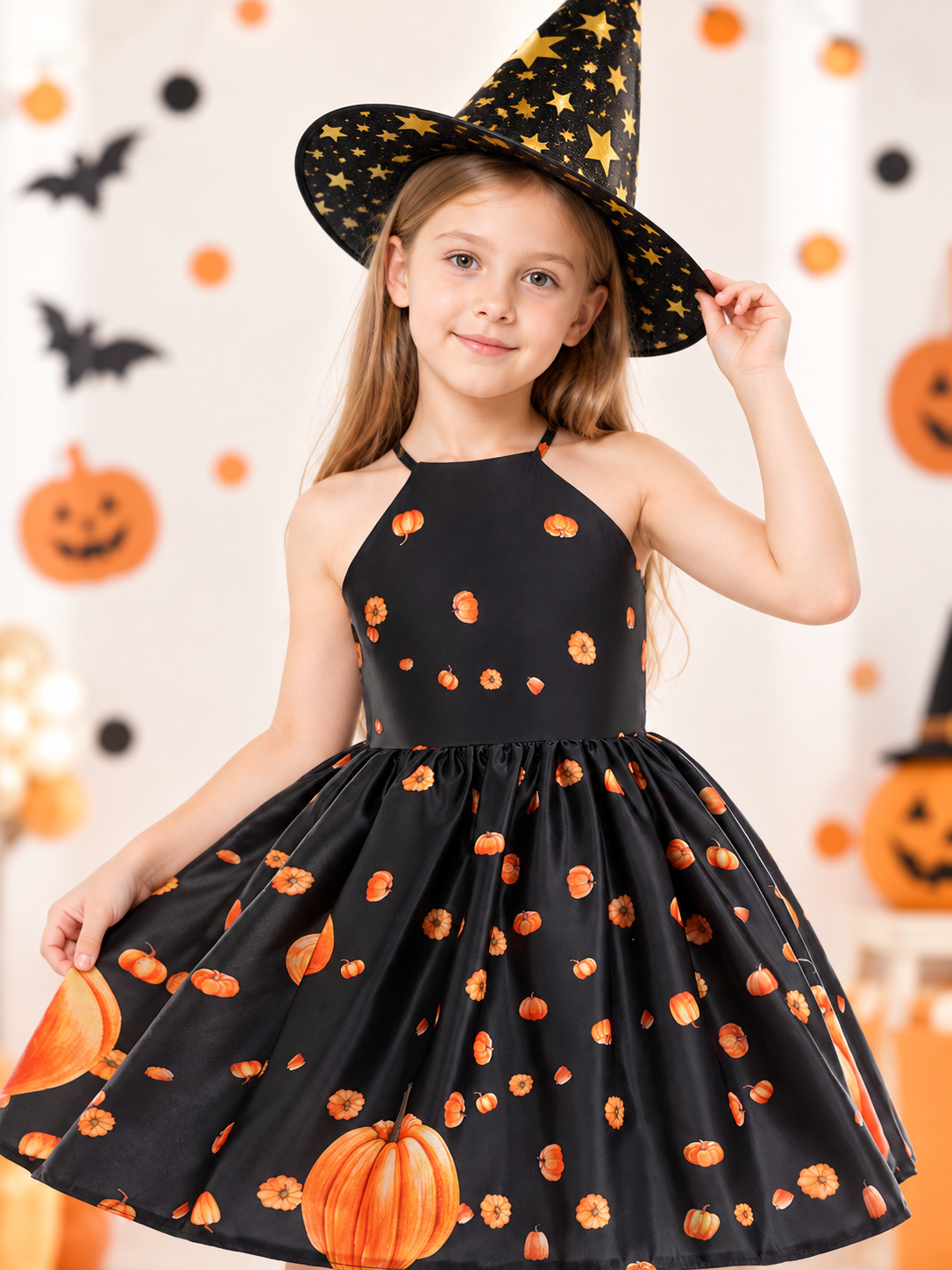 Kids' costume dress with pumpkin print and black hat