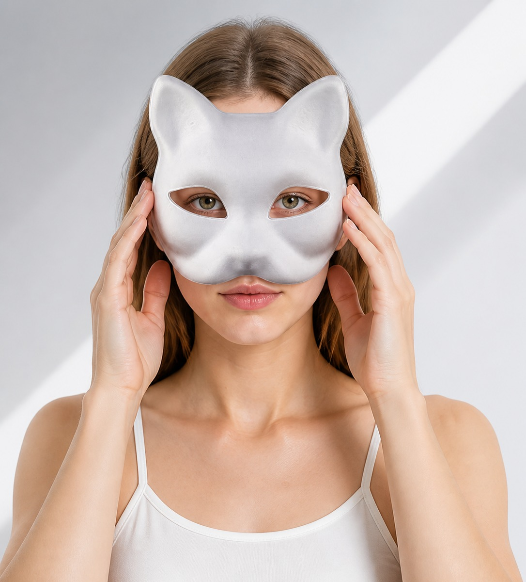 Front view of the white cat half-mask worn over the upper face