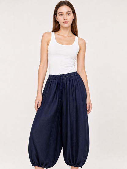 Dark Blue High-Waisted Wide-Leg Pants with Drawstring Hems