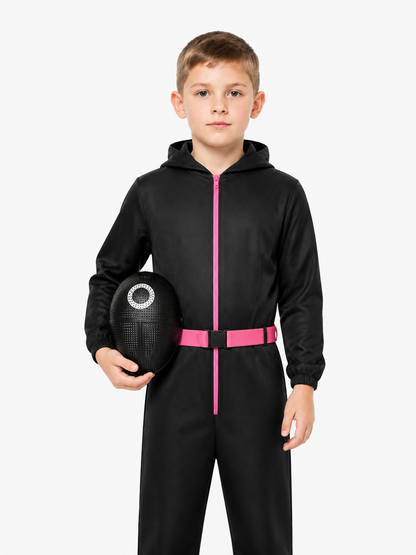 Children's Black Jumpsuit with Mask for Cosplay and Halloween upper body view
