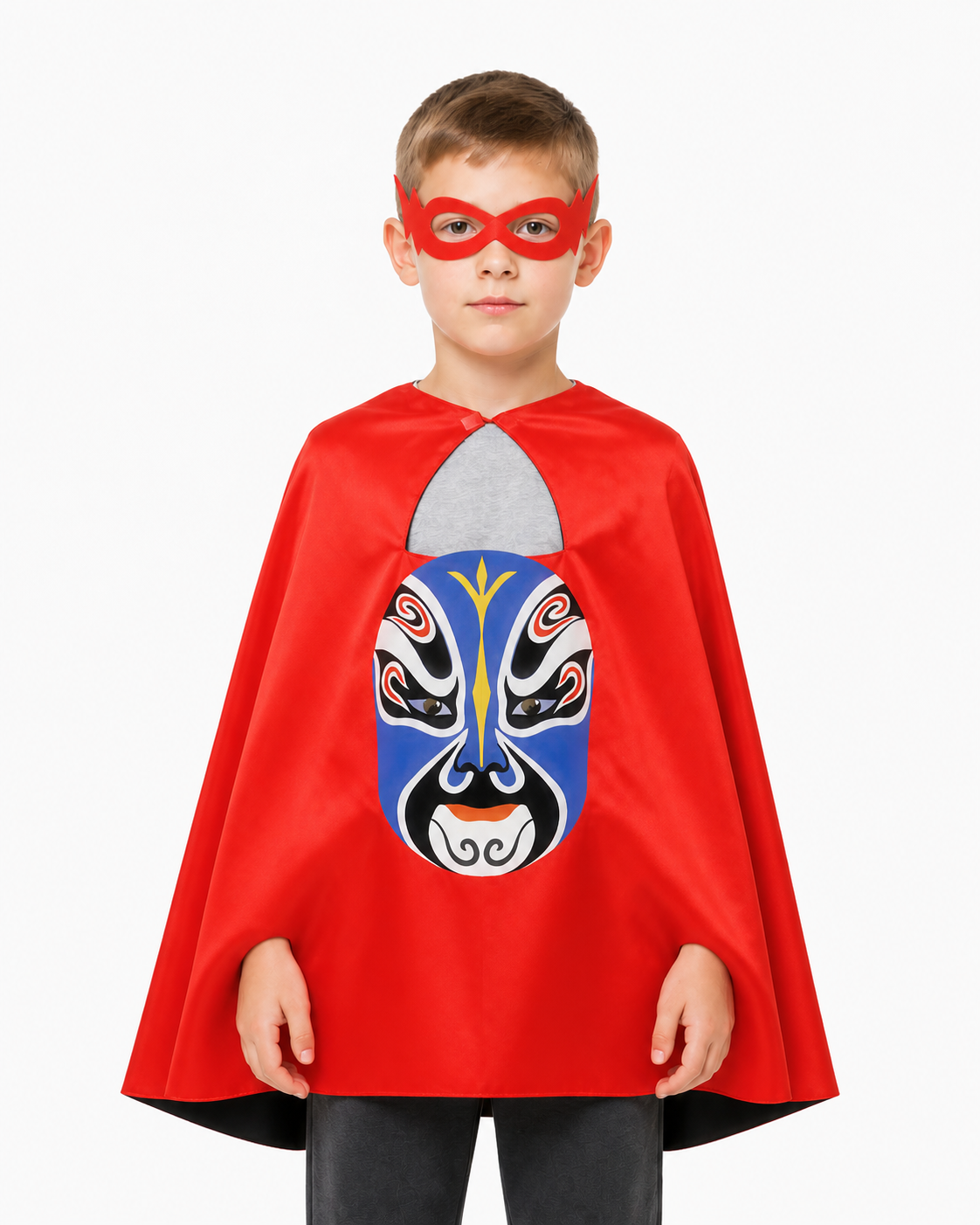 Children's Red Cape with Peking Opera Mask Costume Capes detail 3