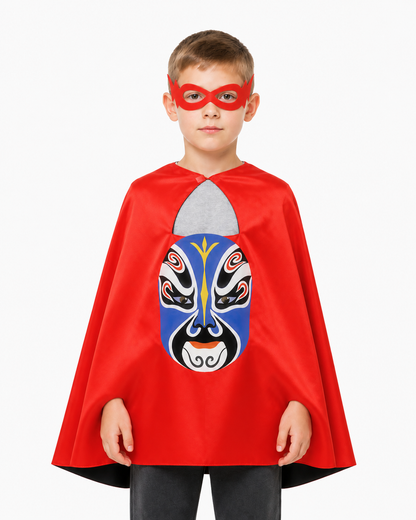 Children's Red Cape with Peking Opera Mask Costume Capes detail 3