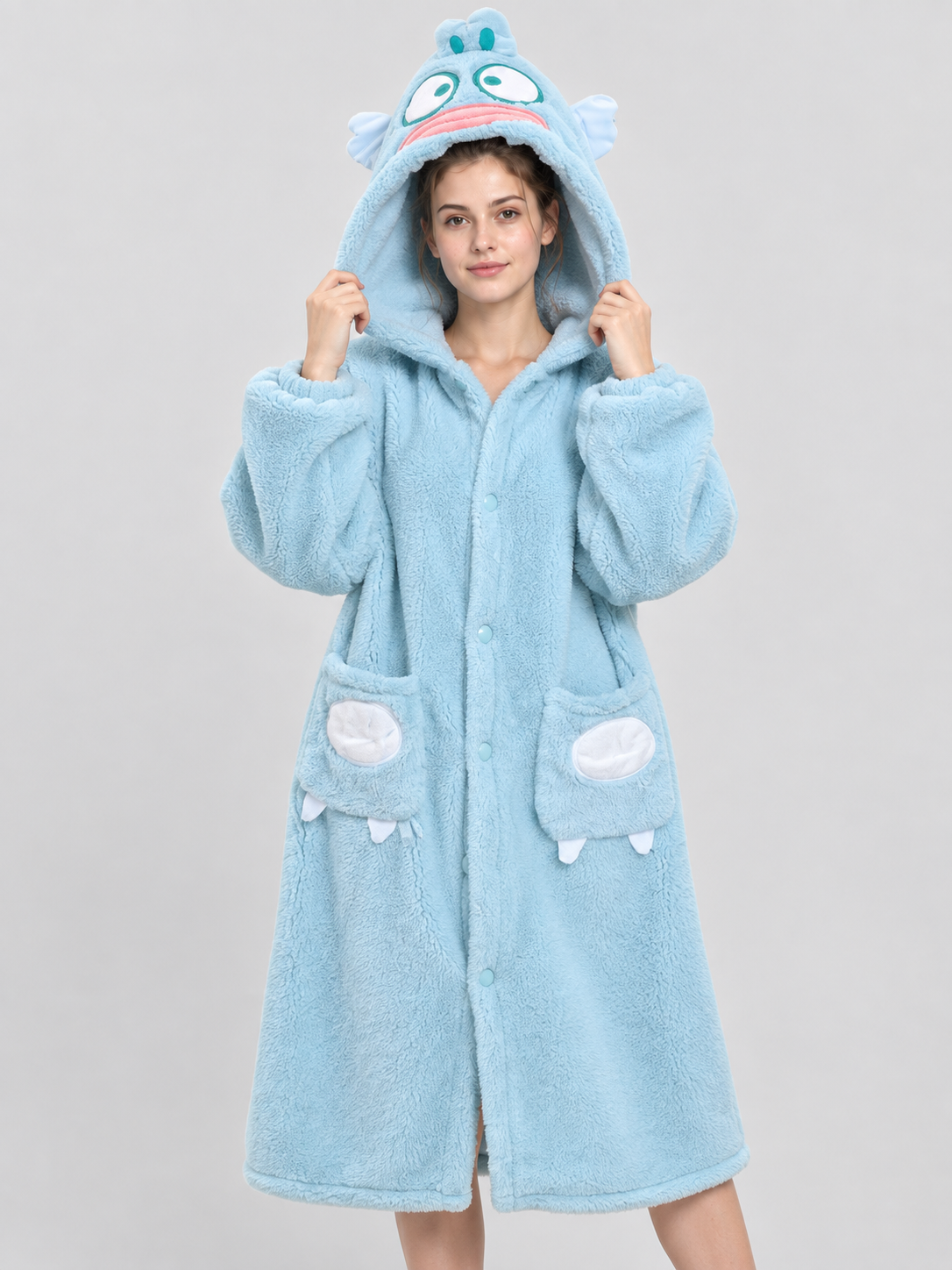 Light Blue Hooded Robe with Fish and Pockets