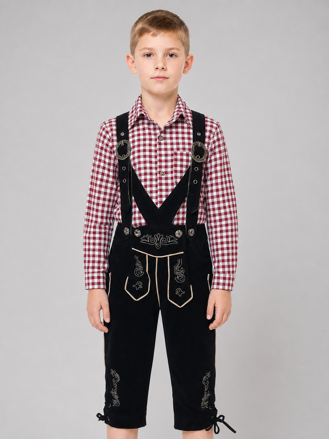 Costume with Suspenders and a Plaid Shirt