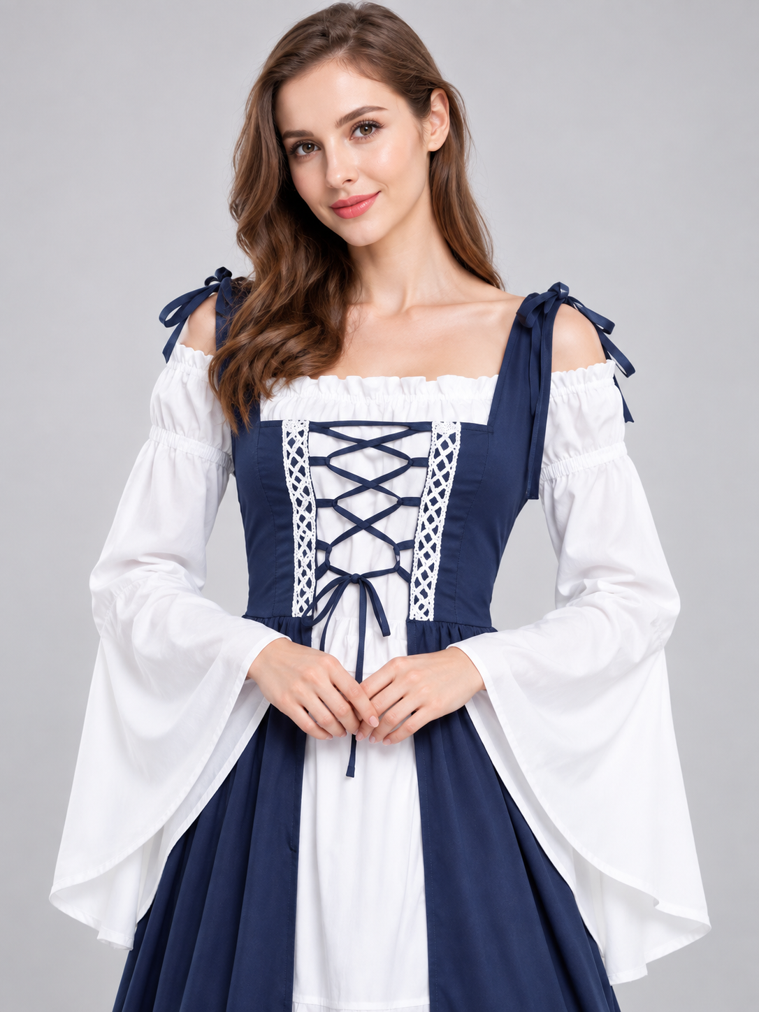 Medieval Floor-Length Dress with Long Sleeves and Lacing