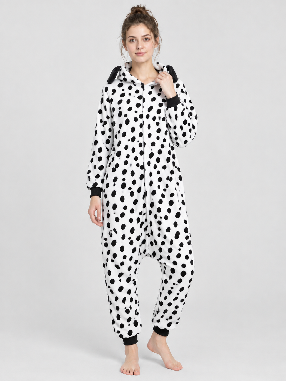 White Fleece Pajama Jumpsuit with Black Print