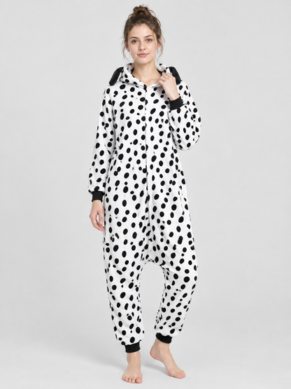 White Fleece Pajama Jumpsuit with Black Print