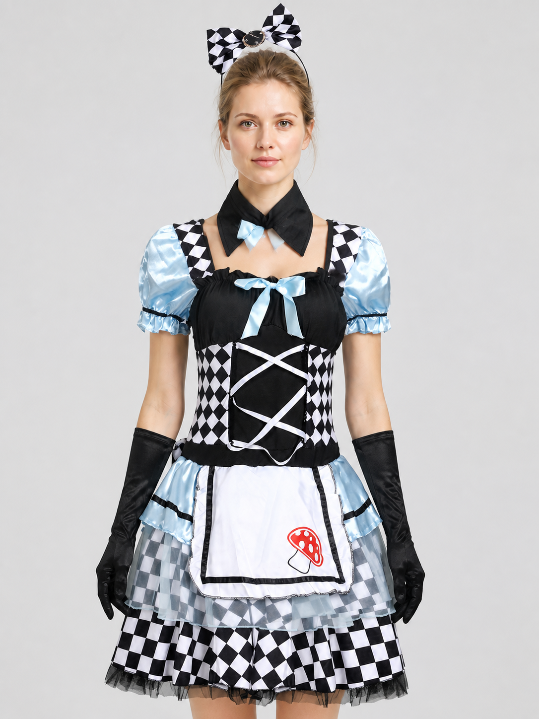 Puffy Carnival Dress with Checkerboard Print and Mushrooms Costume Dresses detail 2