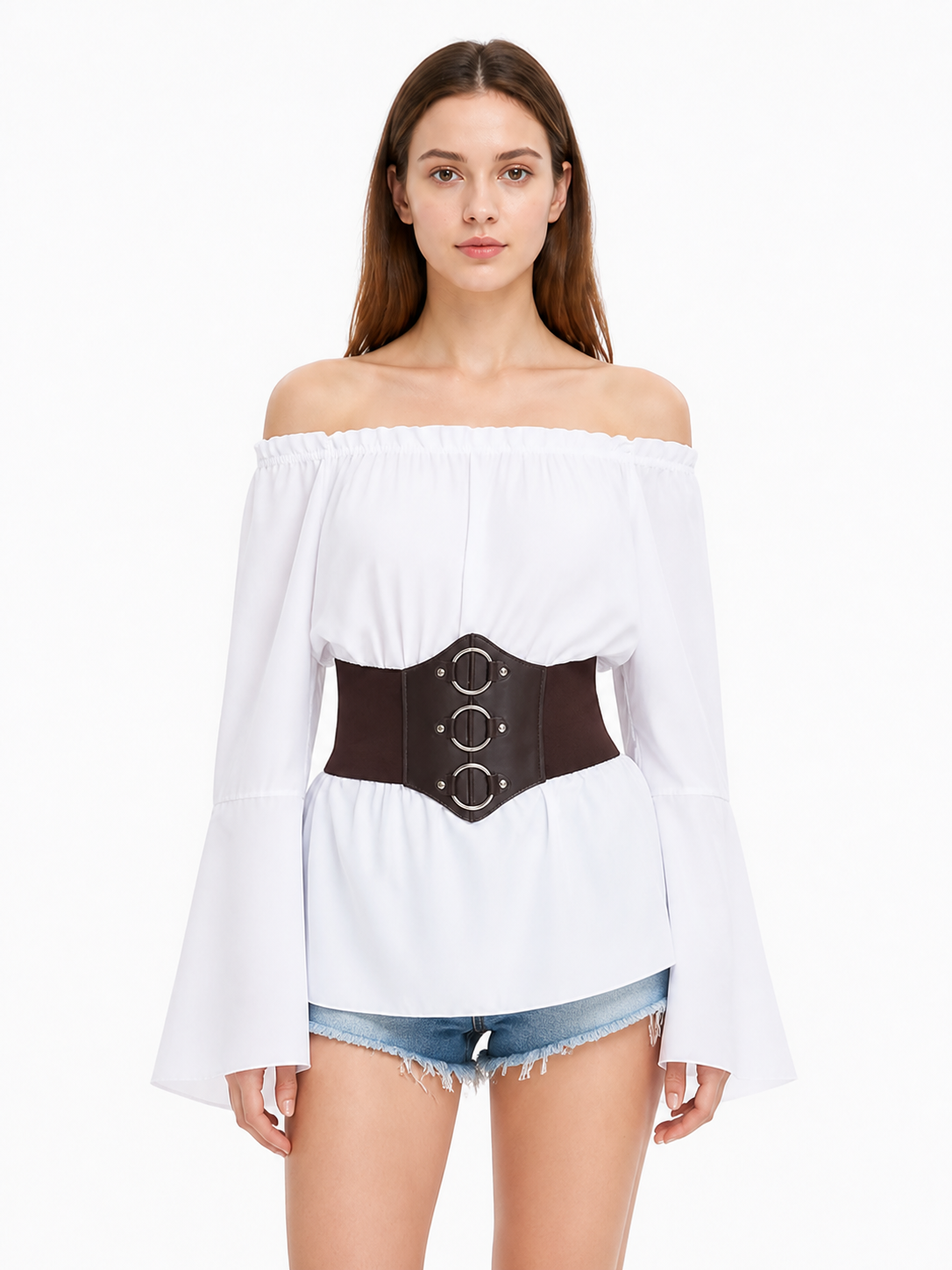 White Blouse with Flared Sleeves and Corset Belt