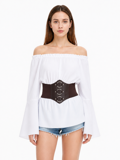 White Blouse with Flared Sleeves and Corset Belt