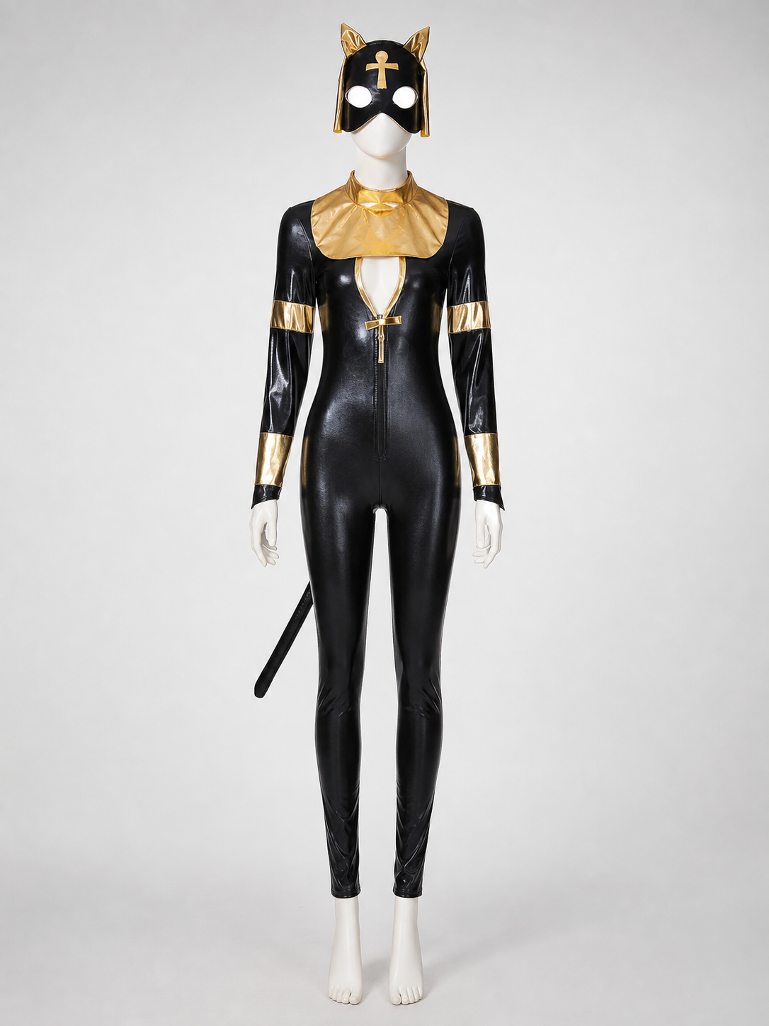 Black and gold jumpsuit costume featuring a cat theme, intended for creating a cosplay and Halloween look. The design is a one-piece construction with long sleeves and full-length pants, complemented by decorative elements in black and gold