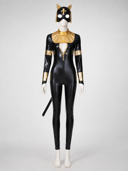 Black and gold jumpsuit costume featuring a cat theme, intended for creating a cosplay and Halloween look. The design is a one-piece construction with long sleeves and full-length pants, complemented by decorative elements in black and gold