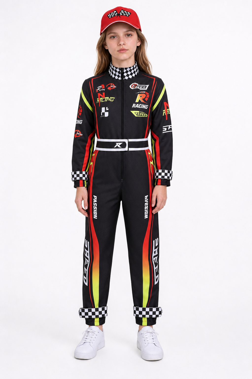 Kart Racing Jumpsuit with Belt and Cap Costume Headwear detail 3