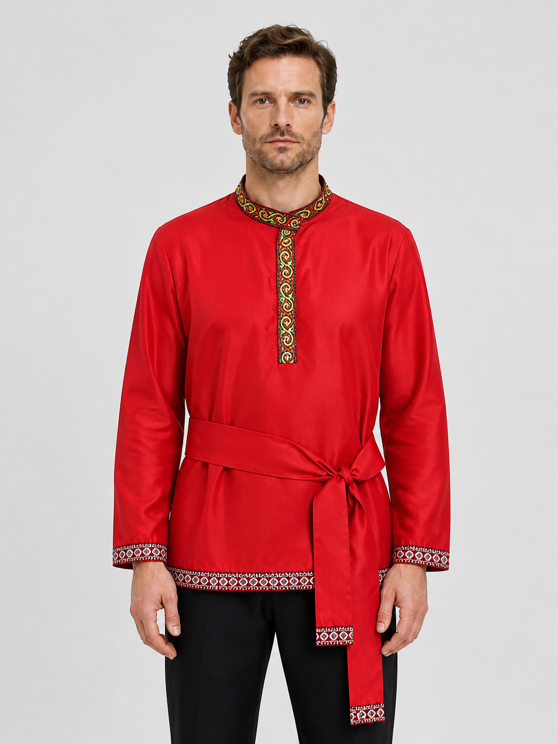 Red Russian Folk Costume with Embroidery and Ties Costumes detail 2