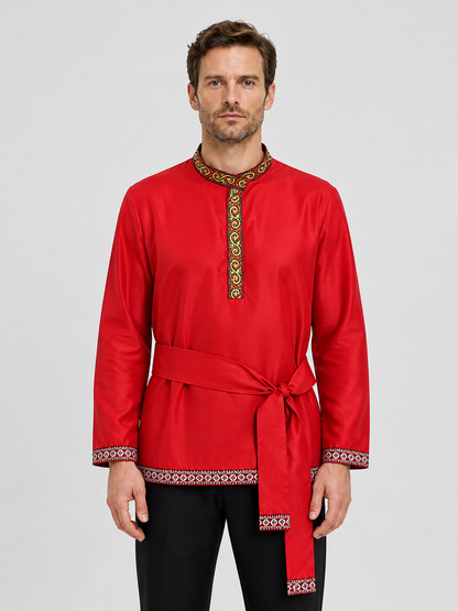 Red Russian Folk Costume with Embroidery and Ties Costumes detail 2