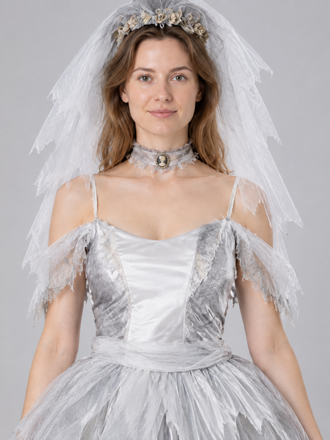 Ghost Carnival Costume with White Dress, Veil, and Mesh