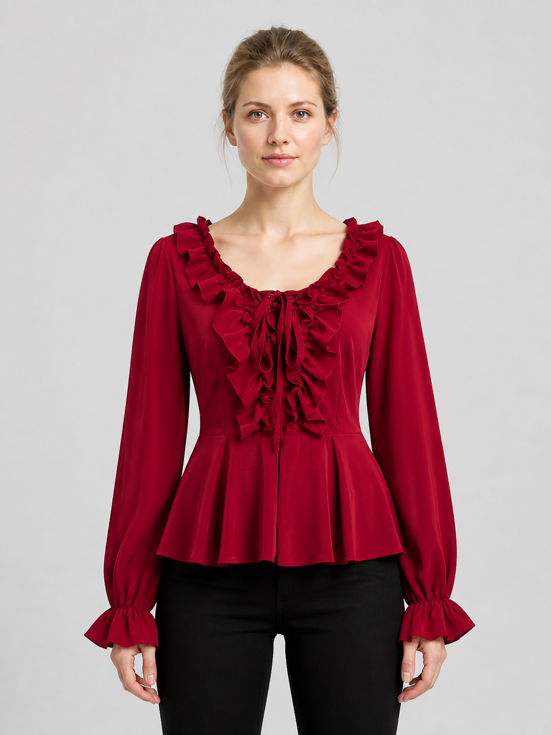 Red Renaissance-Style Ruffled Blouse for Halloween Costumes detail 3